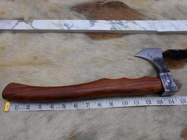 Alt view image 2 of 7 - High carbon steel tomahawk Axe Bearded hiking battle axe 15 Inches long with Rose wood round handle, thick cow hide leather sheath