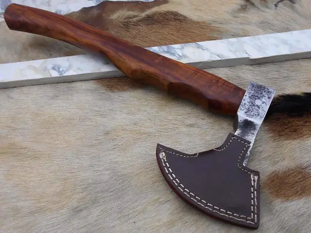 Alt view image 7 of 7 - High carbon steel tomahawk Axe Bearded hiking battle axe 15 Inches long with Rose wood round handle, thick cow hide leather sheath