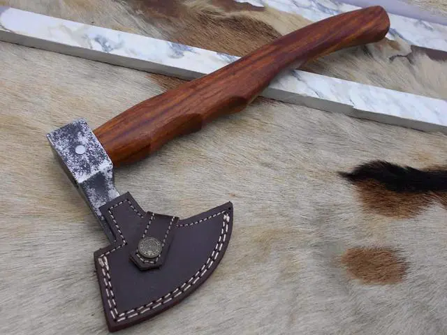 Alt view image 6 of 7 - High carbon steel tomahawk Axe Bearded hiking battle axe 15 Inches long with Rose wood round handle, thick cow hide leather sheath