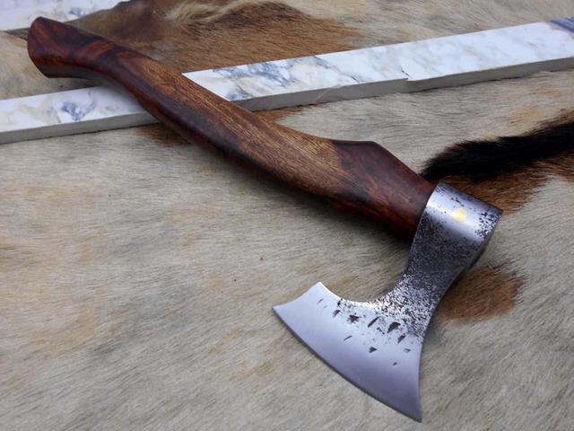 Alt view image 3 of 7 - Damascus Depot Bearded Hiking Battle Axe 15 Inches Long Hand Forged High Carbon Steel Tomahawk Axe with Rose Wood Round Handle, Thick Cow Hide Leather Sheath
