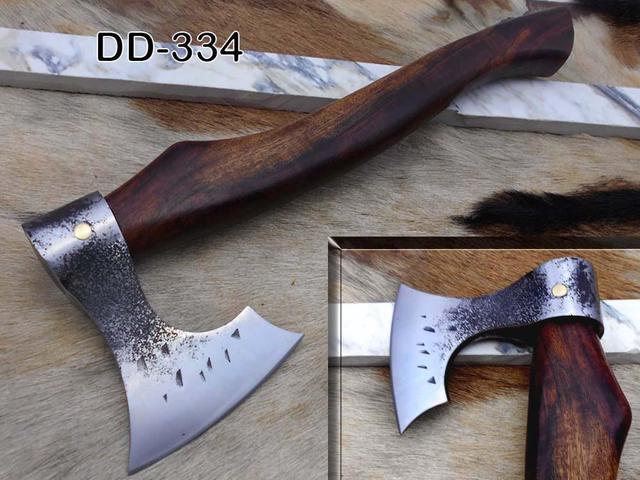 Main image of Damascus Depot Bearded Hiking Battle Axe 15 Inches Long Hand Forged High Carbon Steel Tomahawk Axe with Rose Wood Round Handle, Thick Cow Hide Leather Sheath
