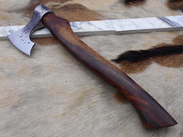 Alt view image 2 of 7 - Damascus Depot Bearded Hiking Battle Axe 15 Inches Long Hand Forged High Carbon Steel Tomahawk Axe with Rose Wood Round Handle, Thick Cow Hide Leather Sheath