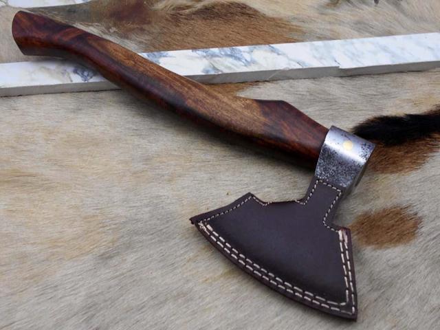 Alt view image 7 of 7 - Damascus Depot Bearded Hiking Battle Axe 15 Inches Long Hand Forged High Carbon Steel Tomahawk Axe with Rose Wood Round Handle, Thick Cow Hide Leather Sheath