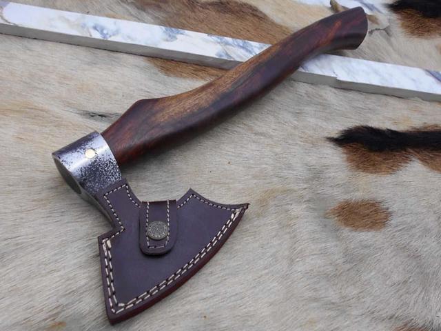 Alt view image 6 of 7 - Damascus Depot Bearded Hiking Battle Axe 15 Inches Long Hand Forged High Carbon Steel Tomahawk Axe with Rose Wood Round Handle, Thick Cow Hide Leather Sheath