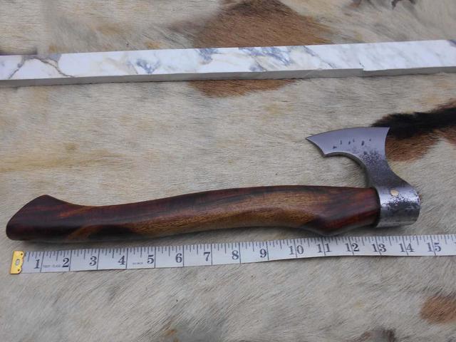 Alt view image 5 of 7 - Damascus Depot Bearded Hiking Battle Axe 15 Inches Long Hand Forged High Carbon Steel Tomahawk Axe with Rose Wood Round Handle, Thick Cow Hide Leather Sheath