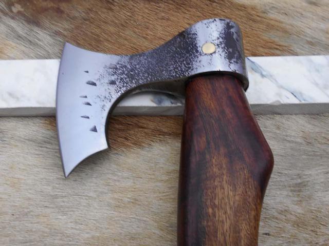 Alt view image 4 of 7 - Damascus Depot Bearded Hiking Battle Axe 15 Inches Long Hand Forged High Carbon Steel Tomahawk Axe with Rose Wood Round Handle, Thick Cow Hide Leather Sheath