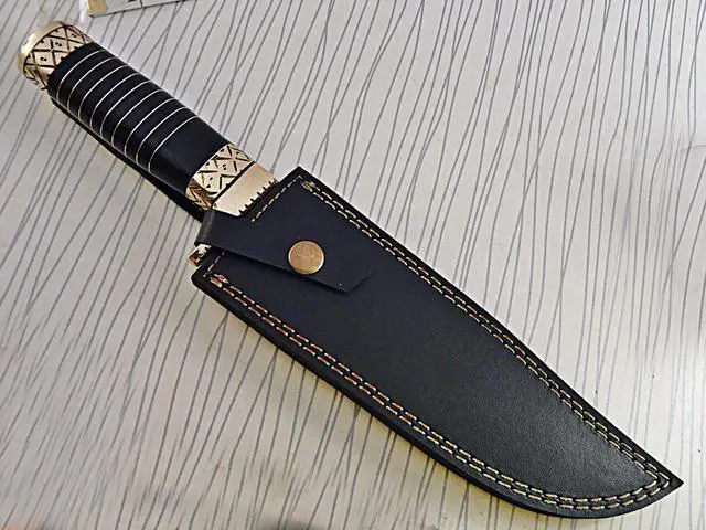 Alt view image 2 of 5 - 13.5 Inches long Damascus steel custom made bowie Knife bull horn with engraved brass scale Hand Forged 8" blade cow hide leather sheath
