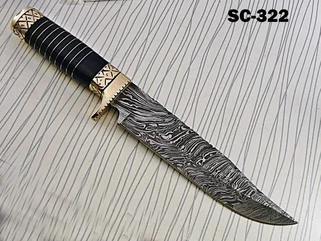 Alt view image 3 of 5 - 13.5 Inches long Damascus steel custom made bowie Knife bull horn with engraved brass scale Hand Forged 8" blade cow hide leather sheath