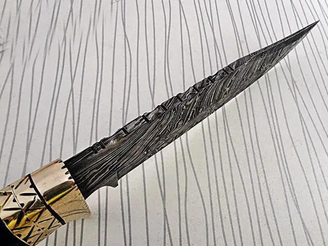 Alt view image 4 of 5 - 13.5 Inches long Damascus steel custom made bowie Knife bull horn with engraved brass scale Hand Forged 8" blade cow hide leather sheath