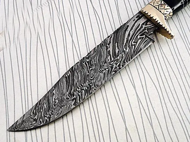 Alt view image 5 of 5 - 13.5 Inches long Damascus steel custom made bowie Knife bull horn with engraved brass scale Hand Forged 8" blade cow hide leather sheath
