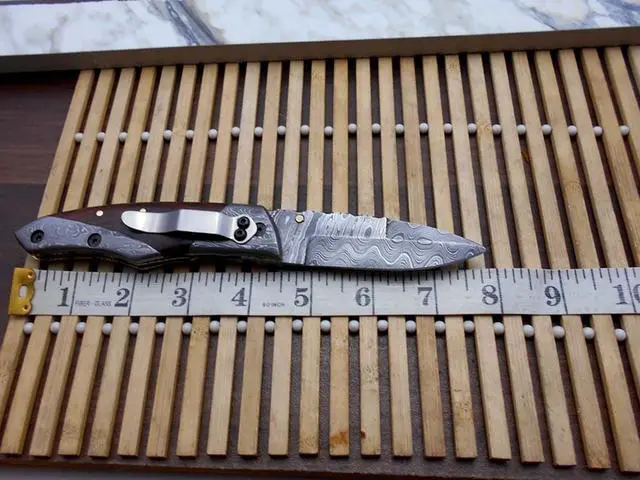 Alt view image 2 of 6 - 8" long Damascus steel custom made Folding Knife with pocket clip & Thumb knob, Available in Various colors scale with Bolster, 3.5" blade, Cow hide leather sheath included