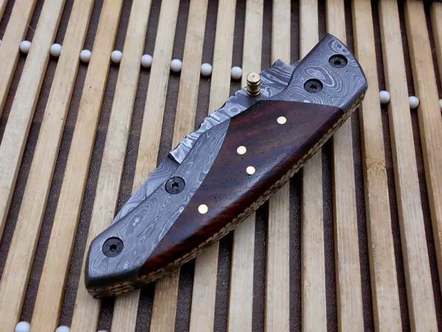 Alt view image 3 of 6 - 8" long Damascus steel custom made Folding Knife with pocket clip & Thumb knob, Available in Various colors scale with Bolster, 3.5" blade, Cow hide leather sheath included
