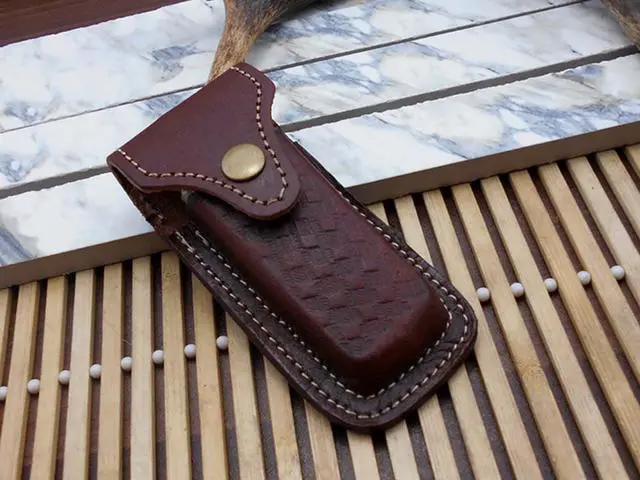 Alt view image 4 of 6 - 8" long Damascus steel custom made Folding Knife with pocket clip & Thumb knob, Available in Various colors scale with Bolster, 3.5" blade, Cow hide leather sheath included