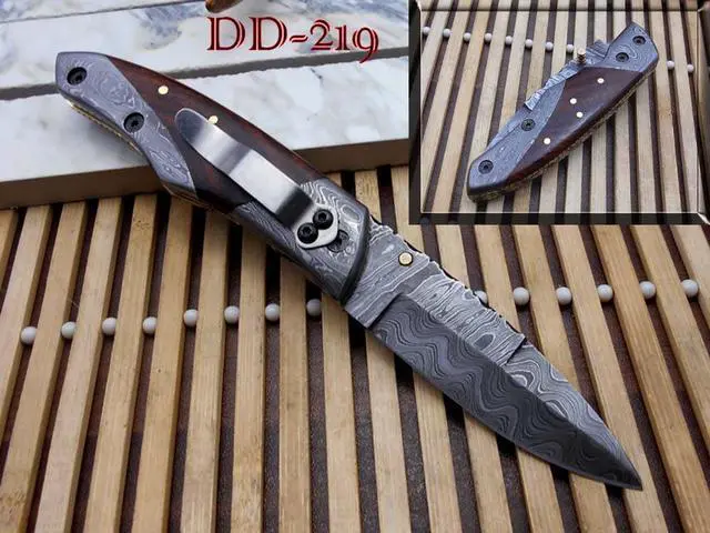 Alt view image 5 of 6 - 8" long Damascus steel custom made Folding Knife with pocket clip & Thumb knob, Available in Various colors scale with Bolster, 3.5" blade, Cow hide leather sheath included