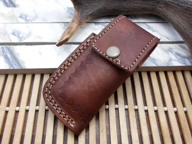 Alt view image 5 of 5 - 7"long Damascus steel Folding Knife with camel bone scale custom made 3" Hand Forged blade cow hide leather sheath