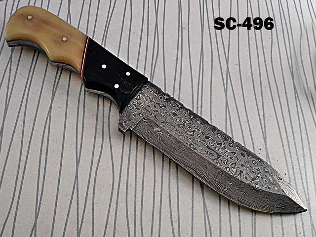 9.5 long Damascus Steel full tang hunting Knife custom made Hand Forged 5  blade, Bull horn & camel bone scale cow hide leather sheath 