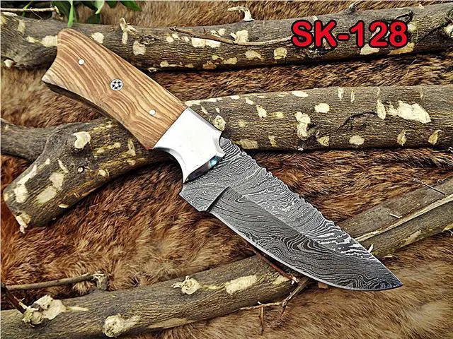 Main image of 9" Long hand forged Damascus steel Hunting knife, 4.5" full tang blade, Natural rose wood scale with Brass bolster, Cow hide Leather sheath