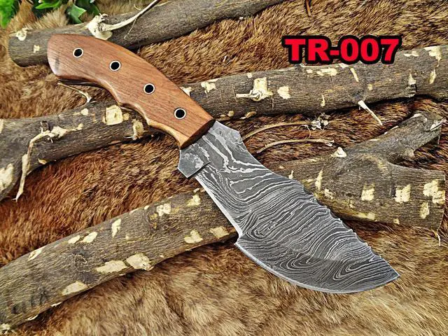 Main image of 10"Long tracker knife hand forged twist pattern full tang Damascus steel, Natural Rose wood with pipe hole scale, Cow hide leather sheath