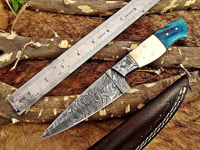 Main image of 9.5" Long hand forged Damascus steel full tang blade skinning Knife, Natural & Blue bone with Damascus bolster scale, Cow Leather sheath