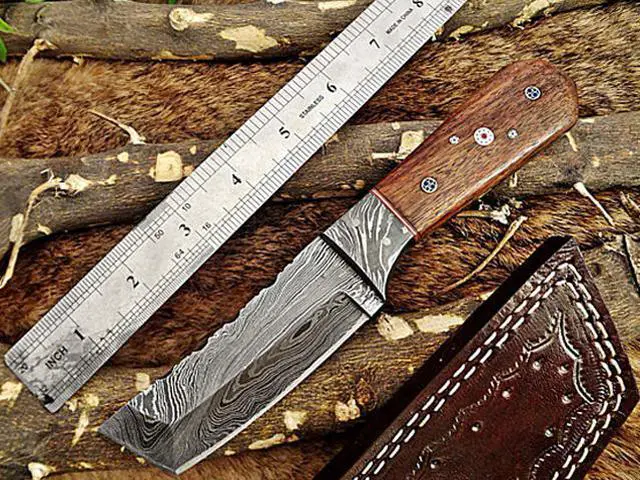 Main image of 8" Long hand forged Damascus steel full tang Tanto blade custom made hunting Knife, Rose wood with Damascus Bolster, Cow leather sheath