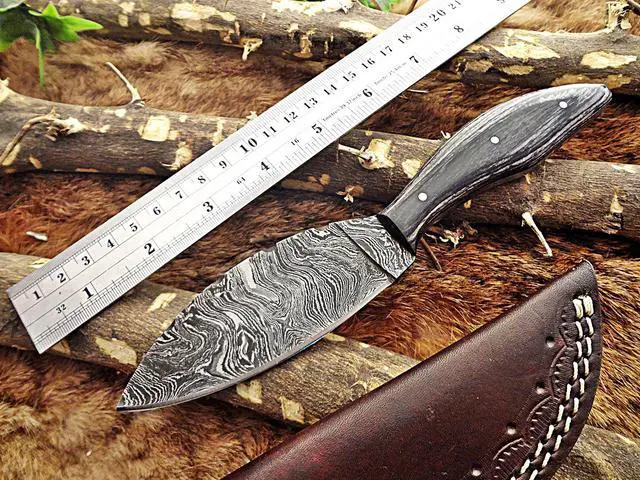 Main image of 9" Long Damascus steel skinning knife, 4.5" hand forged full tang blade with 4" cutting, 2 tone Dollar wood Scale, cow hide Leather sheath