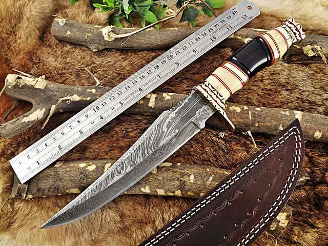 Main image of 13.5" Long hand forged Damascus steel Hunting Knife, Camel bone, Bull horn and engraved brass round scale, Cow hide Leather sheath