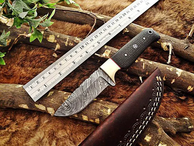 Main image of 8" Long hand forged hunting Knife, 4" full tang Damascus steel blade, 2 tone Micarta wood with inserting hole, Cow hide Leather sheath