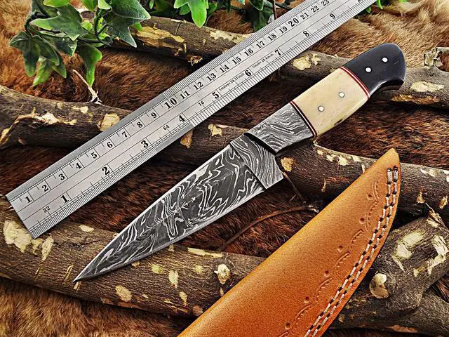 Main image of 9 " Long hand forged Damascus steel full tang skinning Knife, Natural camel Bone and Buffalo Horn scale with Bolster Cow hide Leather sheath