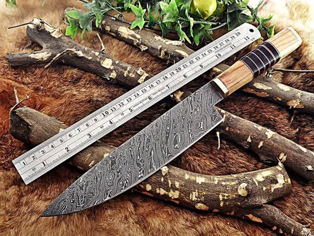 Alt view image 2 of 6 - 13.5 Inches long custom made Damascus steel chef Knife 8" full tang blade Kow wood scale with brass spacer and bull horn round scale