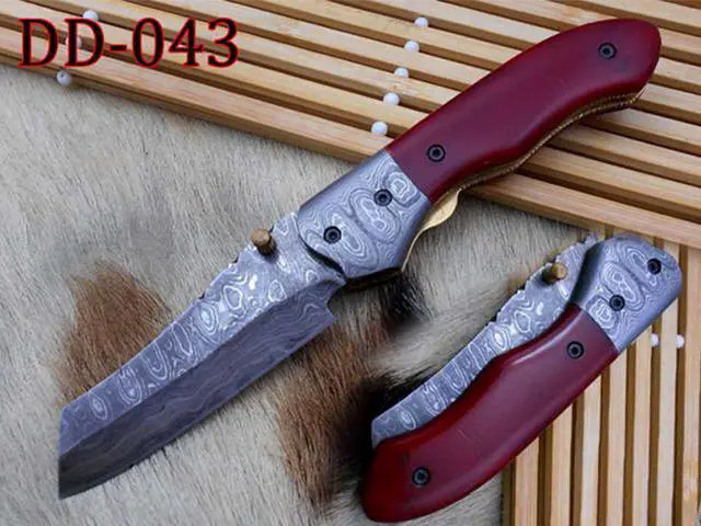 Main image of Hand forged Damascus steel 7.8" folding custom Ledder patren knife 3.5" Blade Colored Bone & Damascus bolster scale cow leather sheath