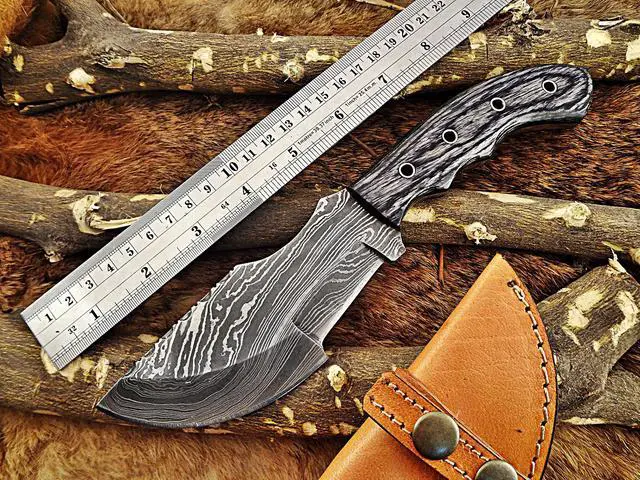Alt view image 2 of 7 - 10" Long hand forged twist pattern full tang hand forged Damascus steel tracker knife, dollar wood with holes scale, Cow hide leather sheath