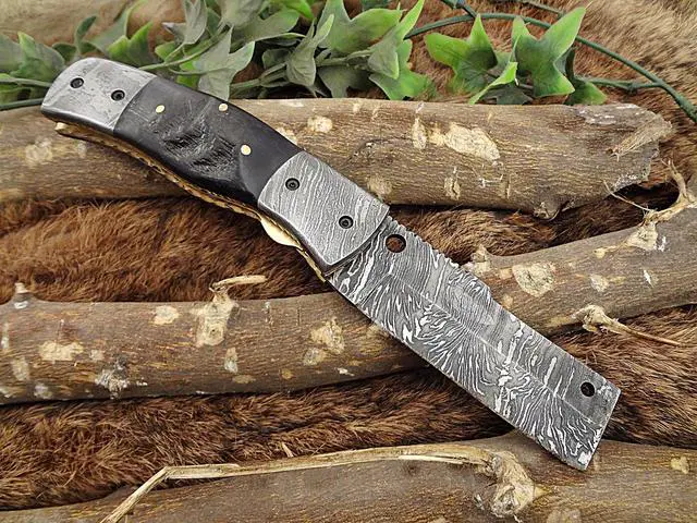 Main image of Damascus Steel Tanto blade folding knife, Natural Lamb Horn with Damascus Bolster scale, Leather sheath included