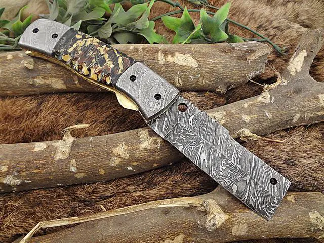Main image of Damascus Steel Tanto blade folding knife Camouflage colored Razen scale, Cow Leather sheath