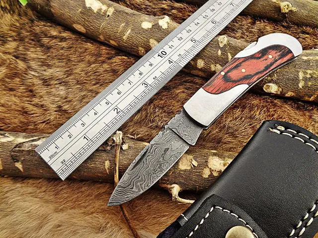 Main image of 6.5 " Damascus steel Folding Knife, 2 tone Red Dollar wood with steel bolster scale, custom made 3" Hand Forged blade cow leather sheath