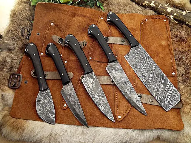 Alt view image 4 of 4 - Overall Length of All Set (10.6+9.6+9.0+8.0+7.6)Inches (approximately)long custom made Damascus steel full tang chef Knife
