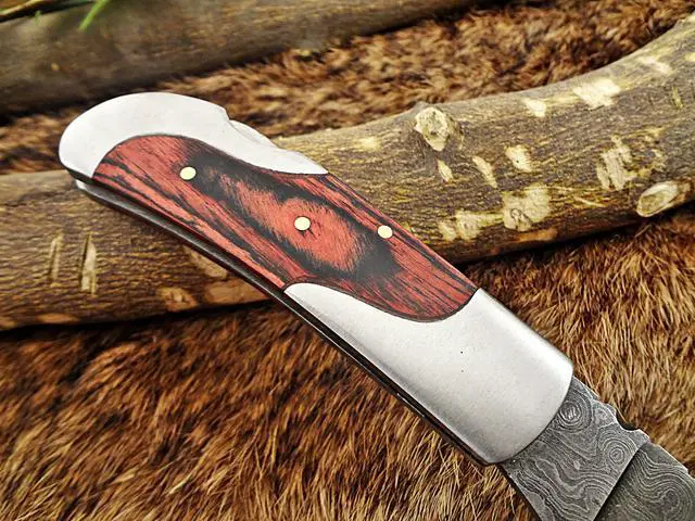Alt view image 5 of 7 - 6.5 " Damascus steel Folding Knife, 2 tone Red Dollar wood with steel bolster scale, custom made 3" Hand Forged blade cow leather sheath