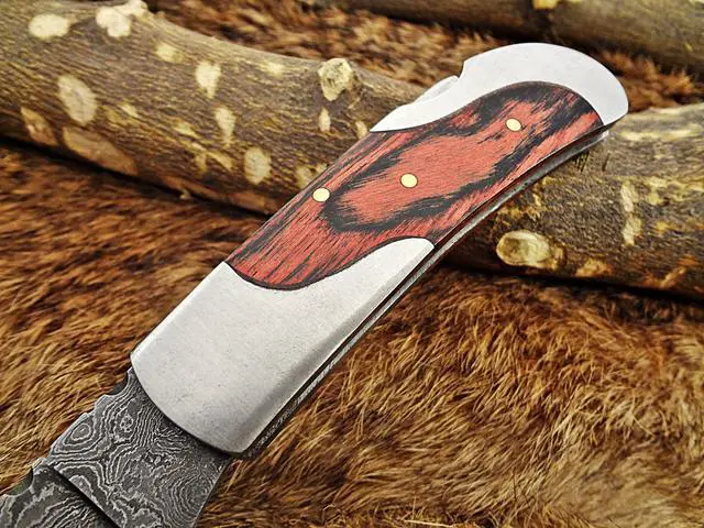 Alt view image 2 of 7 - 6.5 " Damascus steel Folding Knife, 2 tone Red Dollar wood with steel bolster scale, custom made 3" Hand Forged blade cow leather sheath
