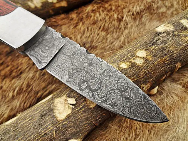 Alt view image 3 of 7 - 6.5 " Damascus steel Folding Knife, 2 tone Red Dollar wood with steel bolster scale, custom made 3" Hand Forged blade cow leather sheath
