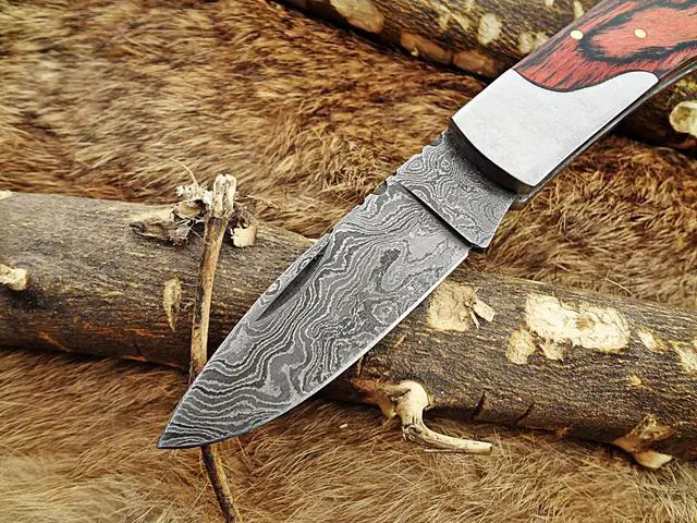Alt view image 4 of 7 - 6.5 " Damascus steel Folding Knife, 2 tone Red Dollar wood with steel bolster scale, custom made 3" Hand Forged blade cow leather sheath