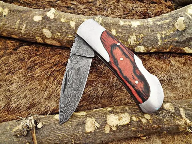 Alt view image 7 of 7 - 6.5 " Damascus steel Folding Knife, 2 tone Red Dollar wood with steel bolster scale, custom made 3" Hand Forged blade cow leather sheath