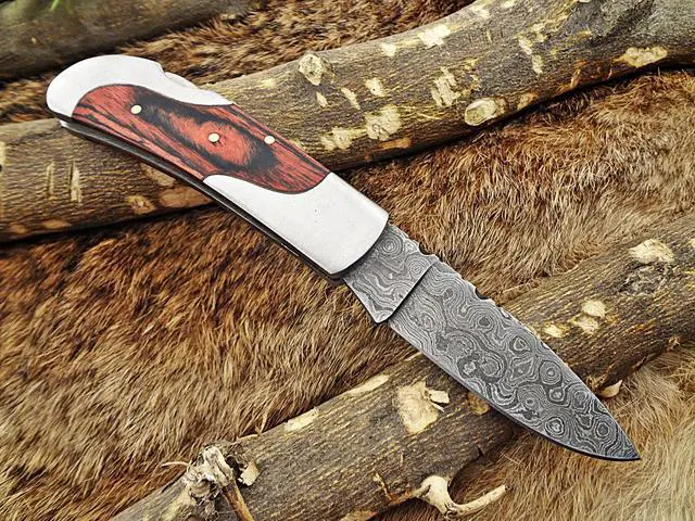 Alt view image 6 of 7 - 6.5 " Damascus steel Folding Knife, 2 tone Red Dollar wood with steel bolster scale, custom made 3" Hand Forged blade cow leather sheath