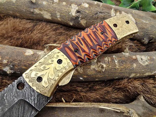 Alt view image 2 of 6 - Damascus Steel Tanto blade folding knife (Wine & Orange)