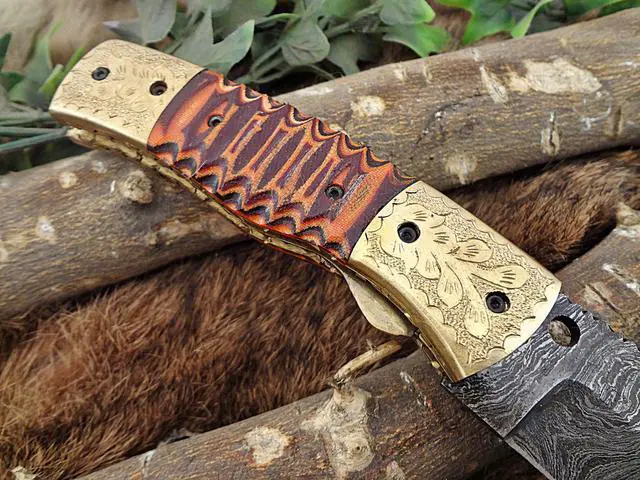 Alt view image 3 of 6 - Damascus Steel Tanto blade folding knife (Wine & Orange)