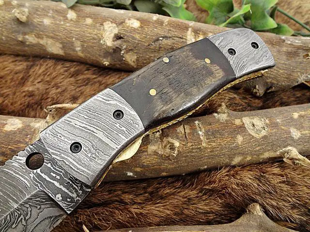 Alt view image 3 of 7 - Damascus Steel Tanto blade folding knife, Natural Lamb Horn with Damascus Bolster scale, Leather sheath included