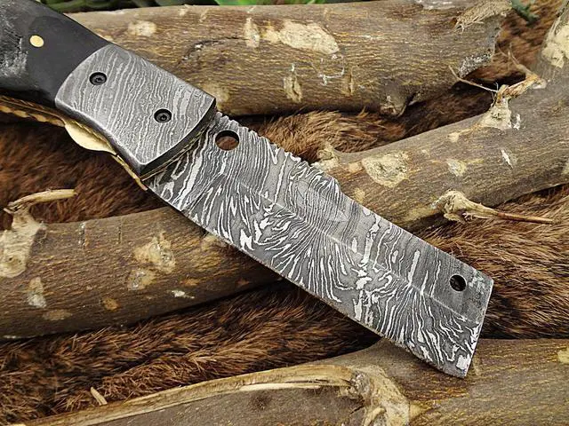 Alt view image 4 of 7 - Damascus Steel Tanto blade folding knife, Natural Lamb Horn with Damascus Bolster scale, Leather sheath included