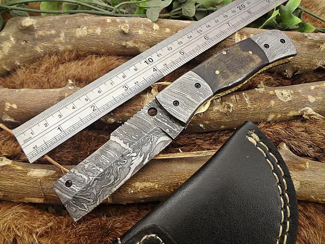 Alt view image 5 of 7 - Damascus Steel Tanto blade folding knife, Natural Lamb Horn with Damascus Bolster scale, Leather sheath included
