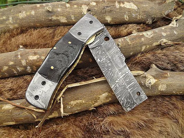 Alt view image 6 of 7 - Damascus Steel Tanto blade folding knife, Natural Lamb Horn with Damascus Bolster scale, Leather sheath included