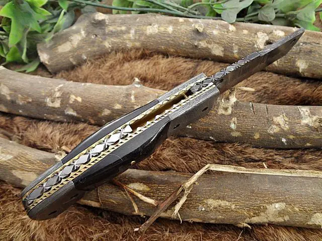 Alt view image 7 of 7 - Damascus Steel Tanto blade folding knife, Natural Lamb Horn with Damascus Bolster scale, Leather sheath included