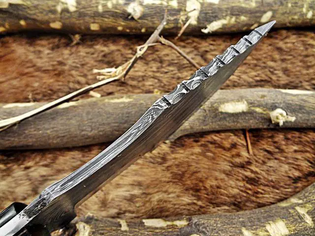 Alt view image 3 of 7 - 10" Long hand forged twist pattern full tang hand forged Damascus steel tracker knife, dollar wood with holes scale, Cow hide leather sheath