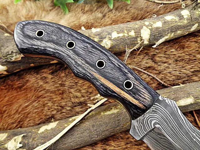 Alt view image 4 of 7 - 10" Long hand forged twist pattern full tang hand forged Damascus steel tracker knife, dollar wood with holes scale, Cow hide leather sheath